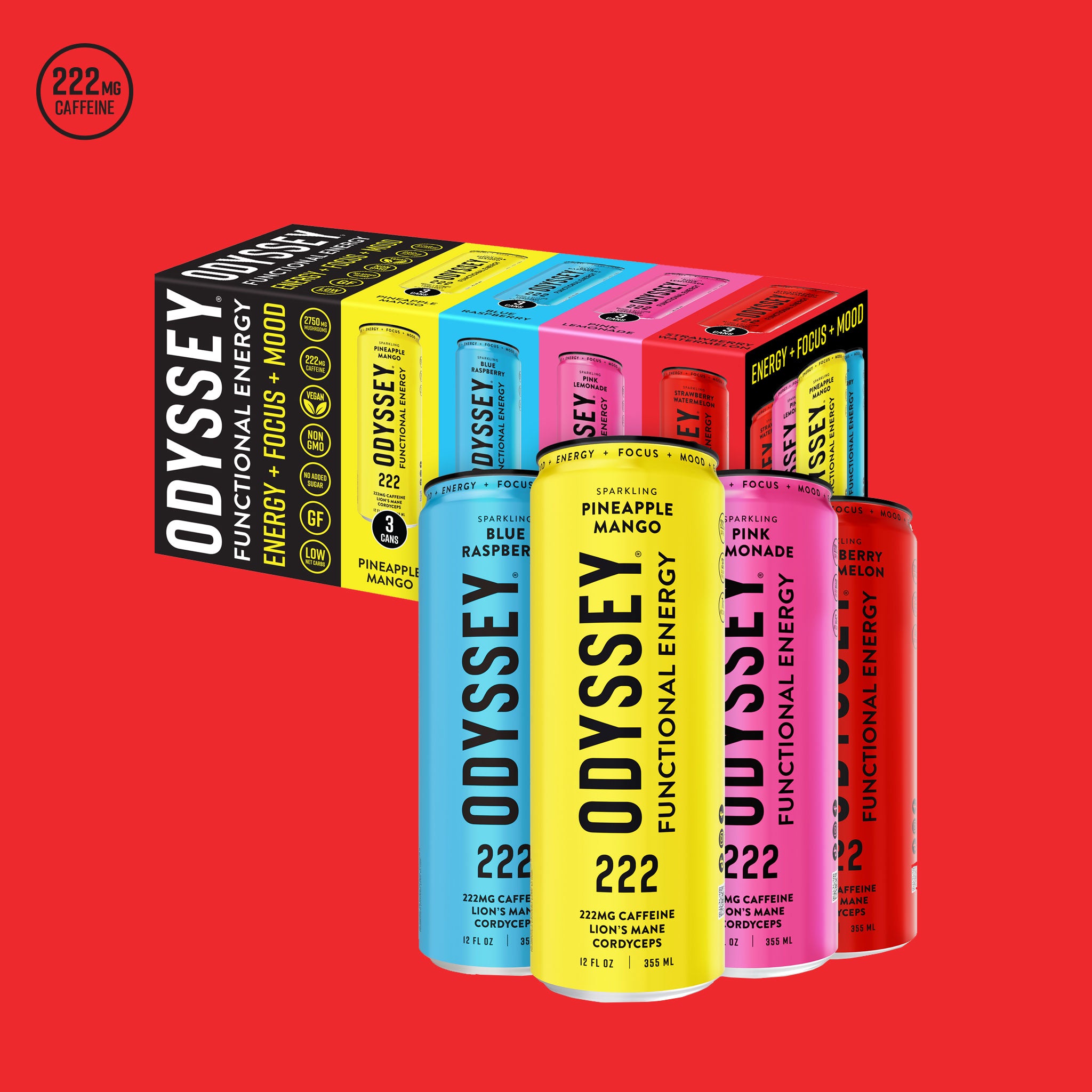 4 Flavor Variety Box Sparkling Energy Drinks - 222MG Caffeine - 12 Pack